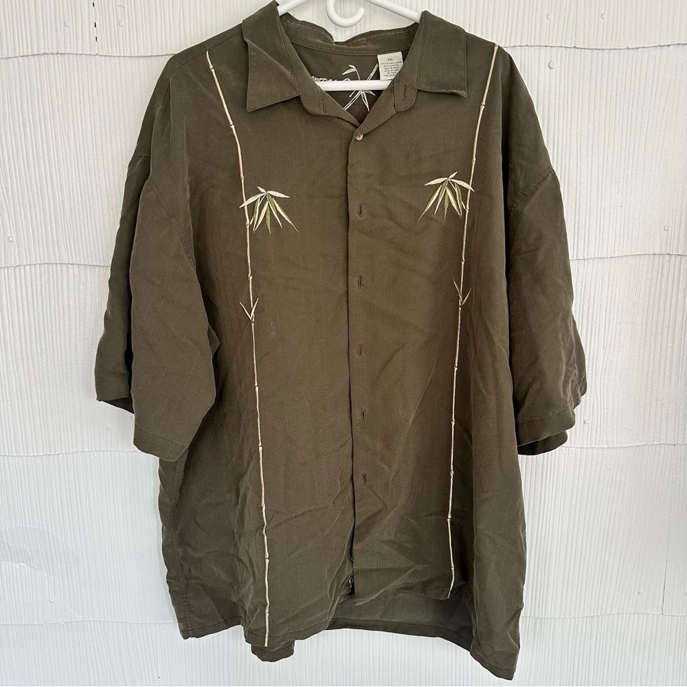 Bamboo Cay Olive Green Rayon Men’s 3XL Short Sleeve Button Down Shirt Palm Leaf
